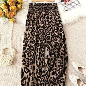 Women’s Leopard Print Wide-Leg Pants – Size L | 100% Polyester | Chic Statement